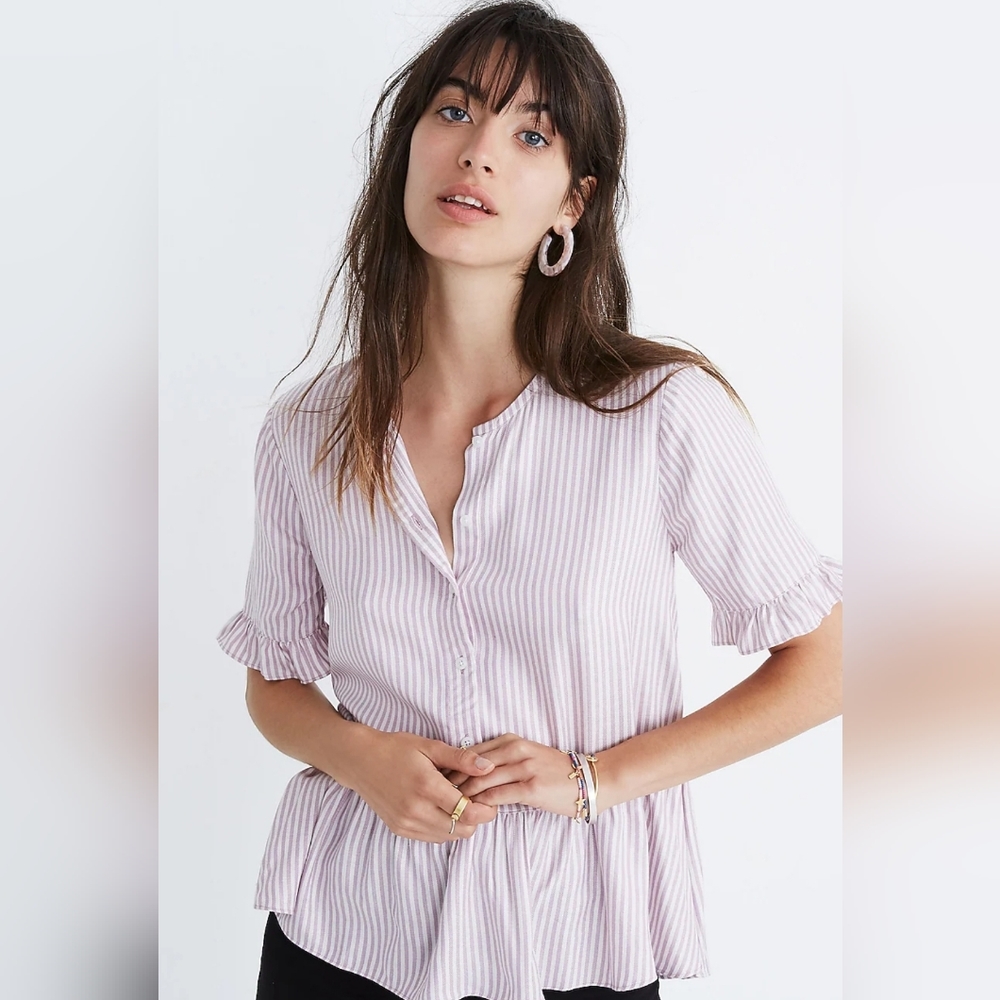 Madewell Studio Ruffle-Hem Top In Lavender Stripe Short Sleeve Top Size Xs